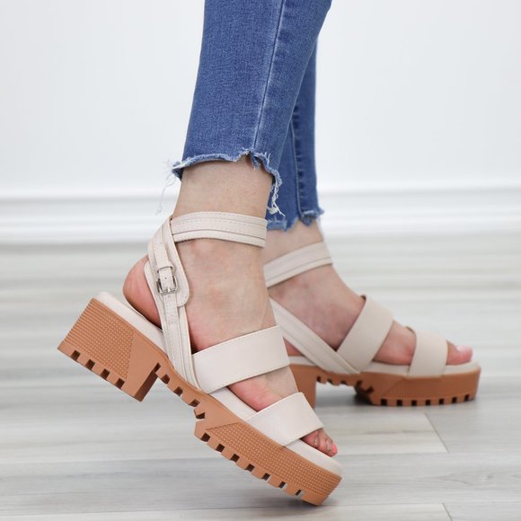 Shoes - Nude Strappy Chunky Heel Sandal Faux Leather